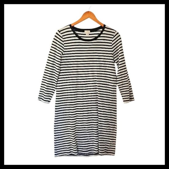 J Crew Factory Womens S T-Shirt Dress 3/4 Sleeve Striped Navy Blue White 100% Co - Picture 1 of 9